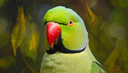 A Close-Up Portrait of a Beautiful Green Parrot with a Red Beak