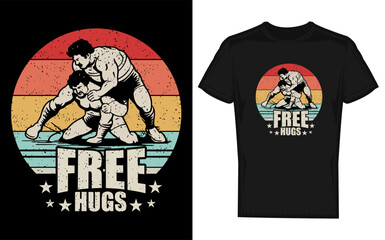 Vintage retro funny free hugs wrestling t shirt design featuring a silhouette of wrestlers in a humorous pose perfect for apparel and graphic projects