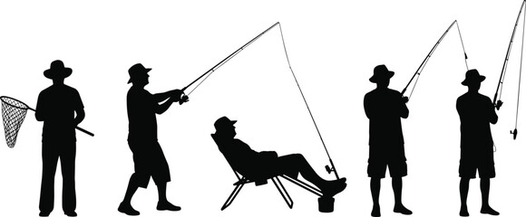 Obraz premium Fishing silhouette vector collection, fisherman with fishing rod, angler catching fish, man fishing illustration, outdoor recreation design, sport fishing clipart