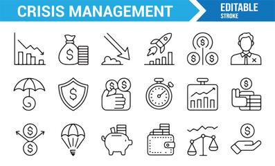 Editable stroke business icons for finance, crisis, and profit improvement