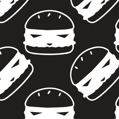 Seamless Pattern of Burger in white color on black background