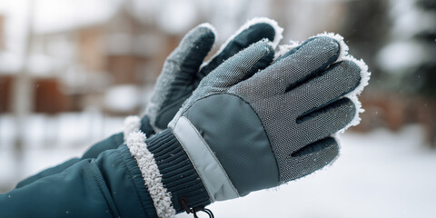 Pair of winter gloves worn by a model, photographed in a lifestyle style with a blurred snowy background.