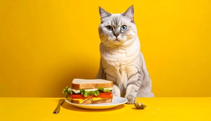 A Curious Cat Gazing at a Delicious Sandwich on a Bright Yellow Background
