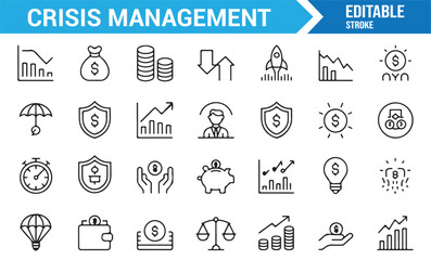 Business strategy outline icons pack with charts, shields, and money symbols