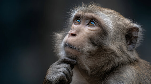photo of a monkey in a thoughtful pose, representing curiosity, intelligence, or contemplation.