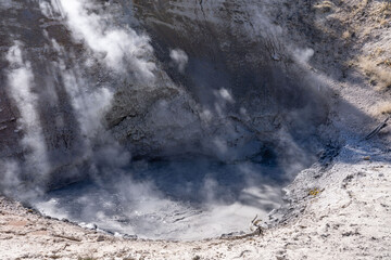 Mud Volcano area,  Yellowstone National Park, Wyoming. A mud volcano or mud dome is a landform created by the eruption of mud or slurries, water and gases


