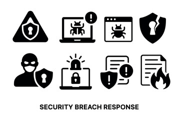 Security breach response icon set. Vector black symbols of cyber attack and data protection