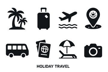 Holiday travel and vacation icon set. Vector black symbols of tourism and journey