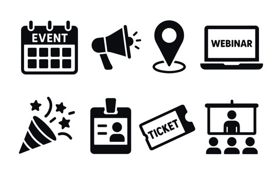 Event and Webinar Icon Set. Vector black conference symbols of calendar, megaphone, ticket, speaker, badge, and online meeting glyph illustrations
