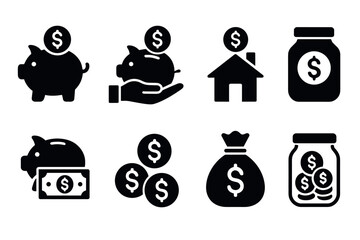 Saving money and personal finance icon set. Vector black symbols of investment and budget