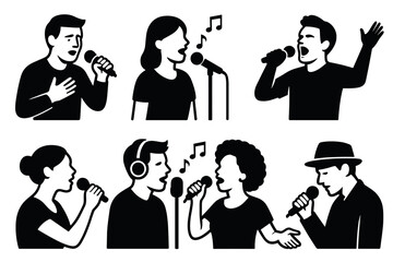 Singer and vocalist icon set. Vector black symbols of people singing and performance