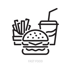 Fast food line icon. Hamburger, burger, soda and french fries symbol. Food concept. Isolated on a white background. Editable stroke. Flat design. Vector illustration.
