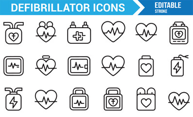 Medical and cardiology icon set with heart monitor and life-saving equipment