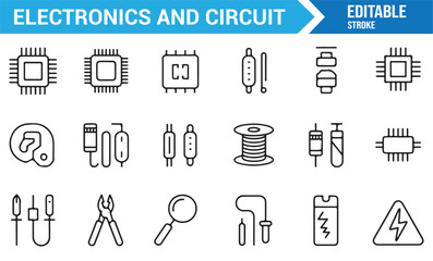 Editable stroke electrical circuit icon pack for innovation and energy themes