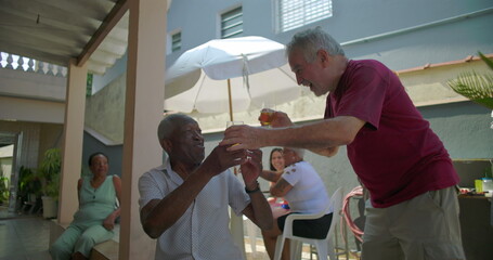 Two elderly friends toasting glasses of beer at a backyard barbecue, sharing laughter and connection in a joyful outdoor gathering with family and friends