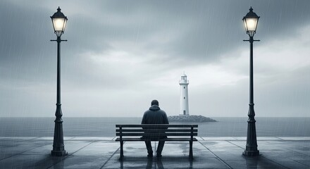 Man sits alone on a bench looking at a lighthouse