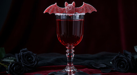 Spooky Halloween Vampire Cocktail in Crystal Glass Garnished with Pink Bat Gummy on Sugar Rim Dark Red Drink with Black Roses Backdrop for Haunted Party and Festive Atmosphere