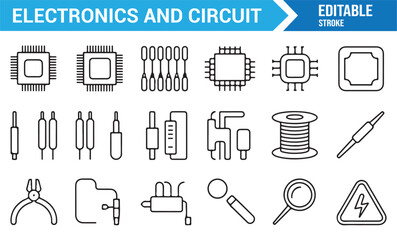 Editable stroke electronic circuit icons pack for digital and hardware design