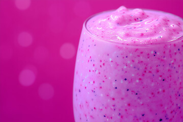 Close up of pink berry smoothie in glass