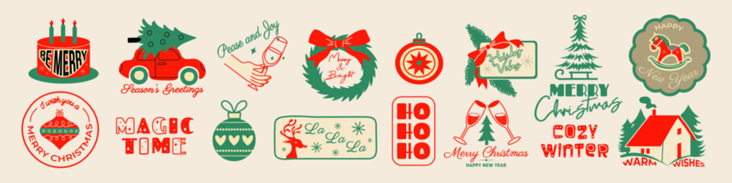 Vintage Christmas logo set. Hand drawn New Year lettering and holiday doodle design. Festive typographic template for greeting cards, posters, invitations, and cozy winter decor. Vector illustration.