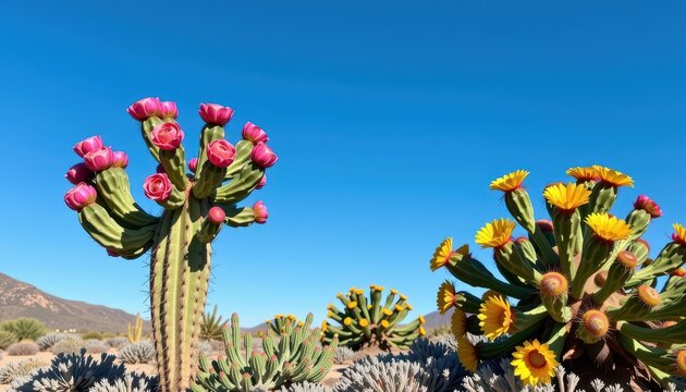 Prickly pear cactus, vibrant blue sky backdrop, sun-drenched chumbera plant, desert landscape, nopal, environment