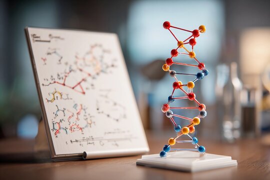 A colorful DNA model stands on a table next to charts of molecular structures in a bright study area. This setup highlights ongoing research in genetics and biology