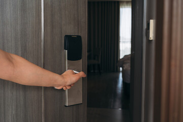 Electronic card key for open door in hotel. Smart card key to lock and unlock door. Security...