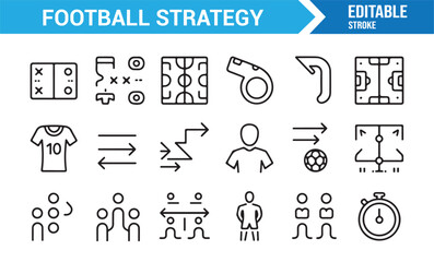 Editable stroke soccer icons pack showing tactics, players, and training tools