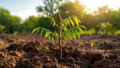 A Young Plant Growing in the Soil with Sunlight in the Background