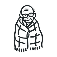 Obraz premium Elderly caucasian man wrapped in blanket drawing