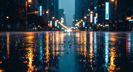 Rain on Wet Asphalt with City Light Reflections at Night