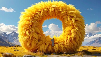 Abstract artwork of a yellow furry circle with number one in a landscape