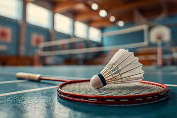 Badminton gear arranged on indoor court, shuttlecock with racket photographed in sharp detail, emphasizing simplicity, athletic focus, and modern sports lifestyle.
