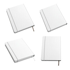 Four blank white notebooks, various angles
