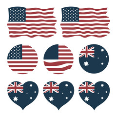 USA and Australia National Flags Vector Set in Circle and Heart Shapes Isolated on White Background