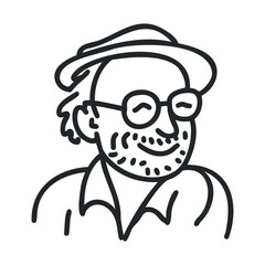 Fototapeta premium Male line art: caucasian mature man with beard, glasses, and hat smiling