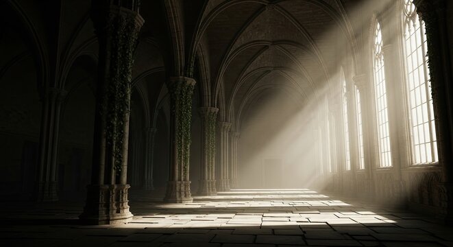 Sunlight streams through ancient gothic hall arches illuminating stone floor and overgrown pillars