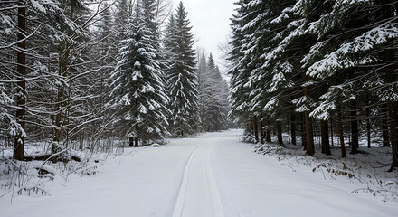 Obraz premium Snow covered forest path with evergreen trees and visible track marks in the snow on a cloudy day ai generated