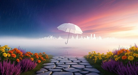 Magical Journey Through Dreamy Landscapes Under a Floating Umbrella