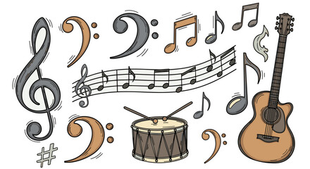 Colorful hand-drawn musical elements collection: notes, guitar, drum, clefs. Isolated vector illustration svg.