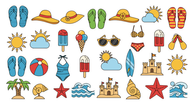 Summer beach vacation icon collection in a retro pixel art style. SVG vector illustration design