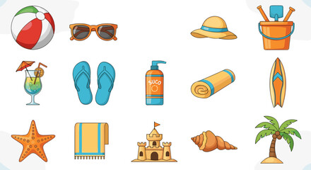 Vibrant summer beach vacation essentials vector illustration, svg isolated on transparent background.