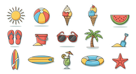 Summer beach vacation flat line art icons set, colorful elements on transparent background, vector illustration.