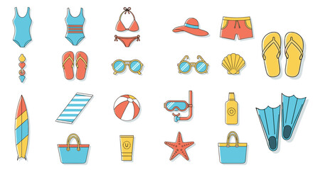 Summer beach vacation vector illustration set, isolated on transparent background, icons, svg file