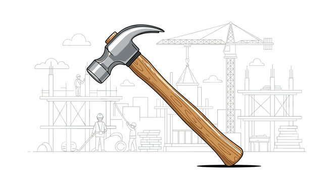 Essential claw hammer tool on a modern construction site with building development line art background.