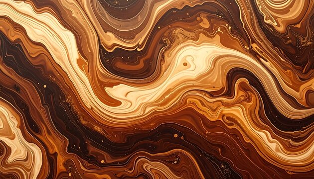 Abstract artistic pattern of swirling brown, beige, and gold liquid texture