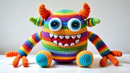 Colorful striped crochet monster toy isolated on white background, handmade gift