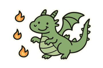 Fototapeta premium Smiling Dragon Doodle. Playful doodle stickers: smiling dragon with tiny flames floating, wings waving, simplified doodle shapes,