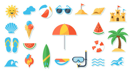 Summer beach vacation pixel art icon collection, svg vector illustration isolated on transparent background