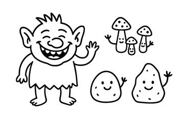 Playful Doodle Stickers. Funny doodle stickers: smiling troll, tiny mushrooms and rocks waving, simplified doodle style, white